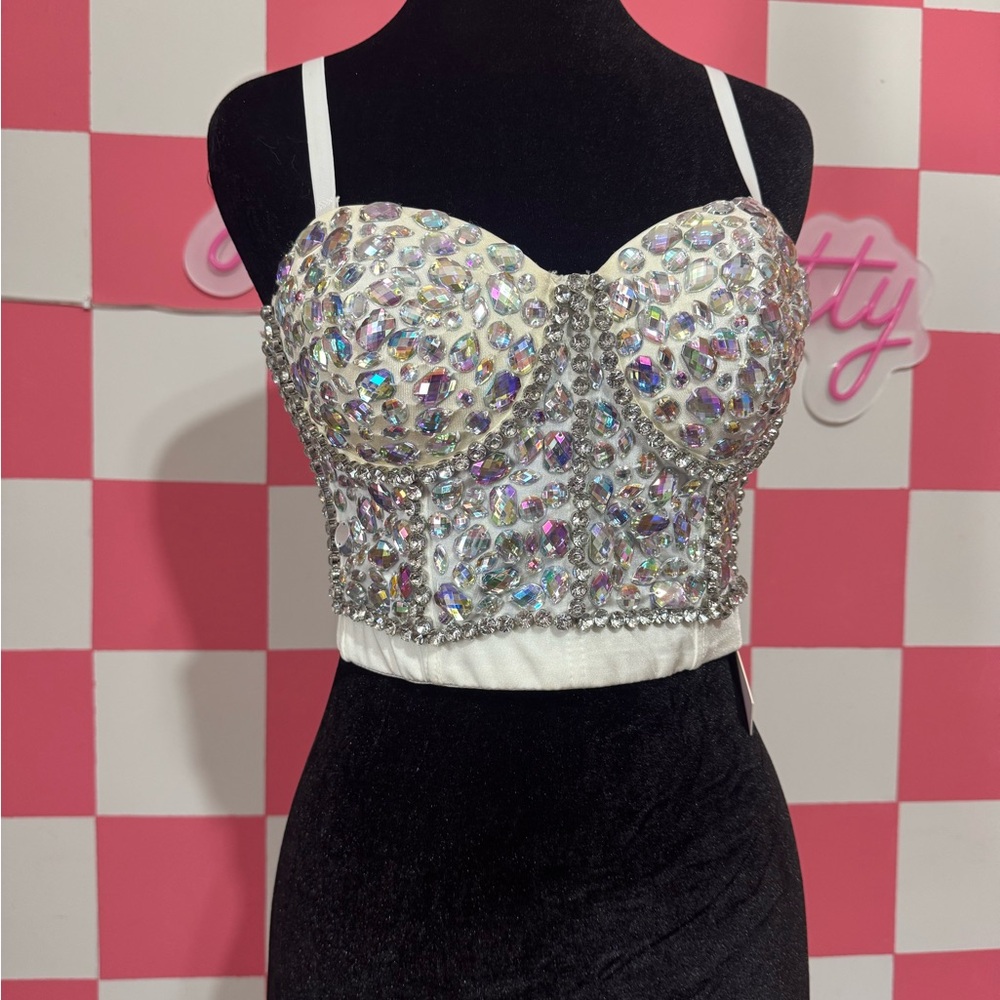 White Rhinestone Embellished Bustier Top